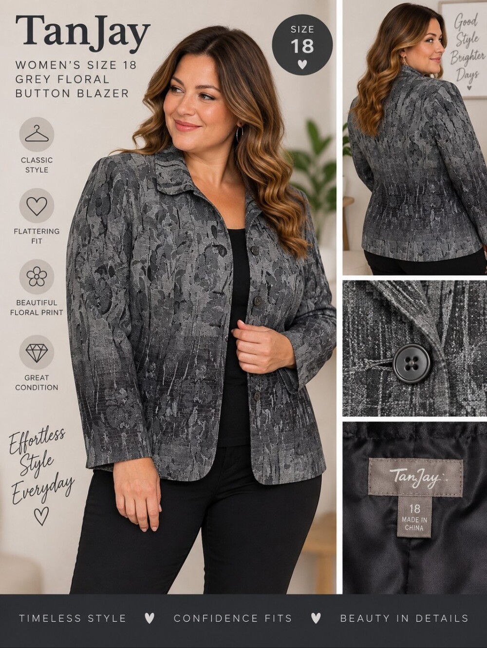Tanjay women's size 18 Grey floral button blazer #21